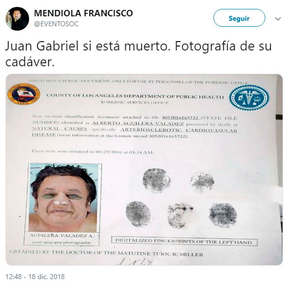 Medio mexicano publica supuesta acta de defunción de Juan Gabriel para comprobar su muerte | Noticias de Buenaventura, Colombia y el Mundo