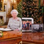 Las fotografías oficiales de la reina Isabel en sus mensajes de 2018 y 2019. Al príncipe Harry y Meghan Markle les molestó no estar entre los portaretratos de la monarca  (Shutterstock - AFP)