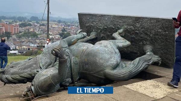 Misak derribaron monumento de Belalcázar por delitos contra indígenas - Cali - Colombia