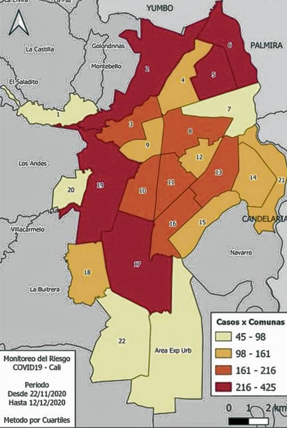 Mapa de monitoreo del riesgo por covid de la Secretaría de Salud de Cali