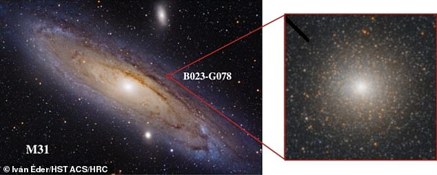 El agujero negro se encontró escondido dentro de B023-G078, un enorme cúmulo estelar en Andrómeda con una masa solar de 6,2 millones.  El panel izquierdo muestra una imagen de campo amplio de M31 con el cuadro rojo y un recuadro que muestra la ubicación y la imagen de B023-G78 donde se encontró el agujero negro.