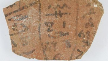 Fragmento de una inscripción jeroglífica con información sobre la mitología local, probablemente copiada por un estudiante del templo vecino en el período ptolemaico tardío o romano temprano