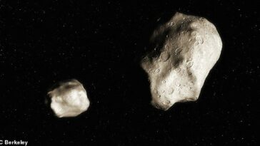Impresión artística de la pareja de asteroides poco después de separarse del objeto principal.  Gradualmente se separarán más y más a lo largo de miles de años.