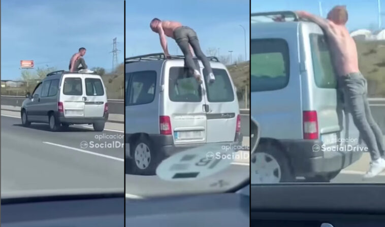 Impactante video muestra a un hombre enloquecido en topless colgando del techo de un auto en una autopista | Noticias de Buenaventura, Colombia y el Mundo