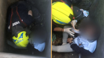 El cuerpo de Bomberos hicieron el rescate de la mujer que cayo en colector de aguas residuales de la carretera.